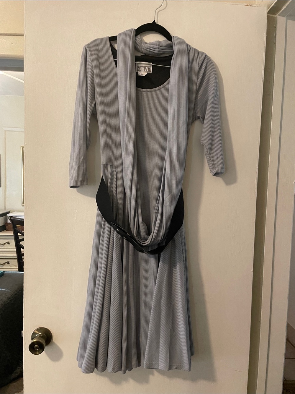 Bethany Lowe Light Gray Ribbed Long Sleeve Dress with Matching Scarf